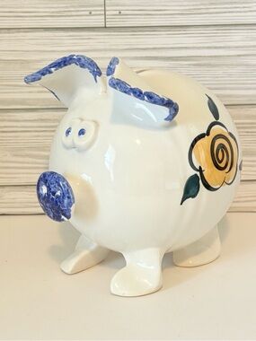 Vtg 1998 Neher Clay In Motion Signed Pottery Piggy Coin Bank Cork Tail Floral